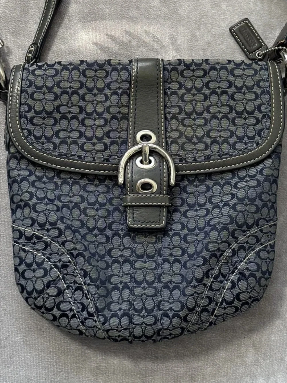 Coach Blue Signature Jacquard Crossbody with Black Leather Trim